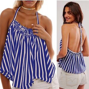 We The Free Ladies M Navy and White Striped Halter Top